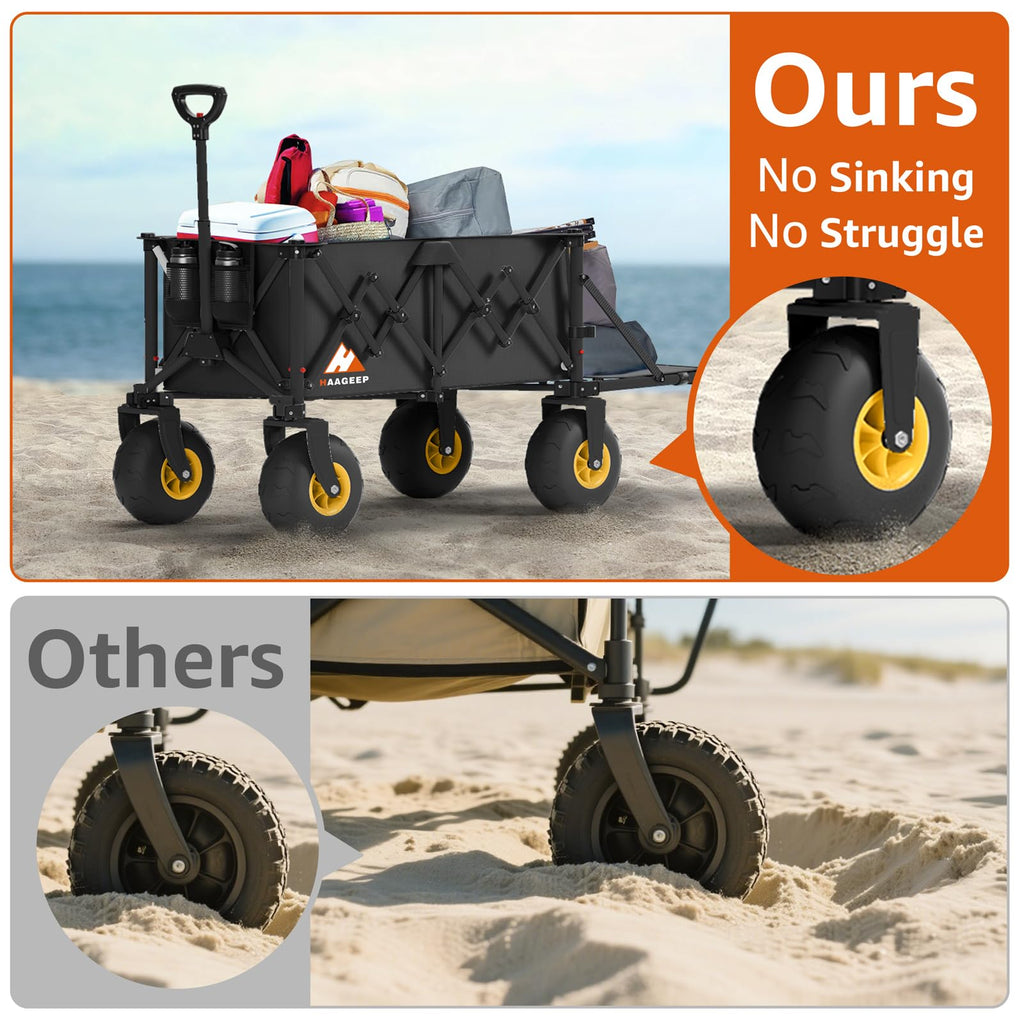 Heavy Duty Beach Wagon with Big Wheels for Sand, 10" Wheel Collapsible Wagons Foldable Large Wagon Cart Folding All Terrain for Camping