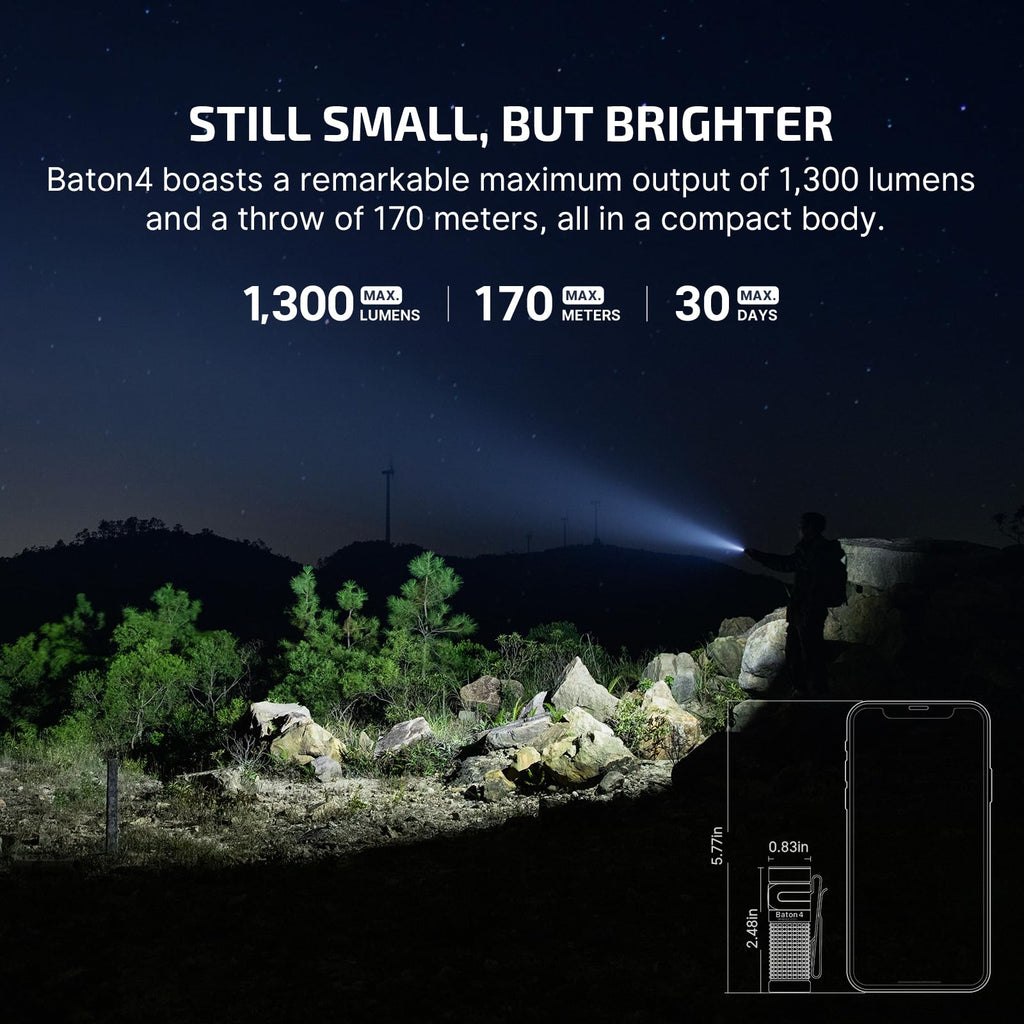 OLIGHT Baton4 Rechargeable EDC Flashlight, Bright Small Flashlight 1300 Lumens with MCC Charging Cable, IPX8 Waterproof, Multiple Modes Pocket Light for Home, Camping, and Emergencies (Fighter Pilot)