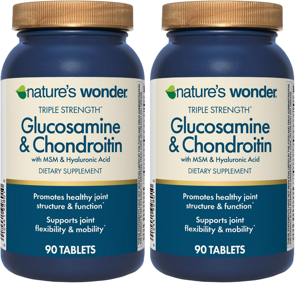 Nature's Wonder Triple Strength Glucosamine Chondroitin with MSM and Hyaluronic Acid and Boswellia for Joint Health, Supports Joint Flexibility and Mobility, 45 Day Supply, 90 Tablets (Pack of 2)