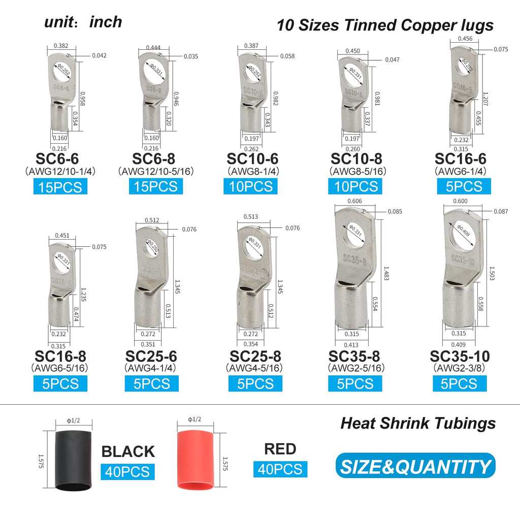 DTLDZSC Thick Copper lugs，Electric Wire Lugs，AWG2 4 6 8 10 12Gauge，80Pcs Tinned Heavy Duty Battery Cable Ends Ring Terminal Connectors with 80Pcs 3:1 Heat Shrink Tubing Assortment Kit（160pcs）