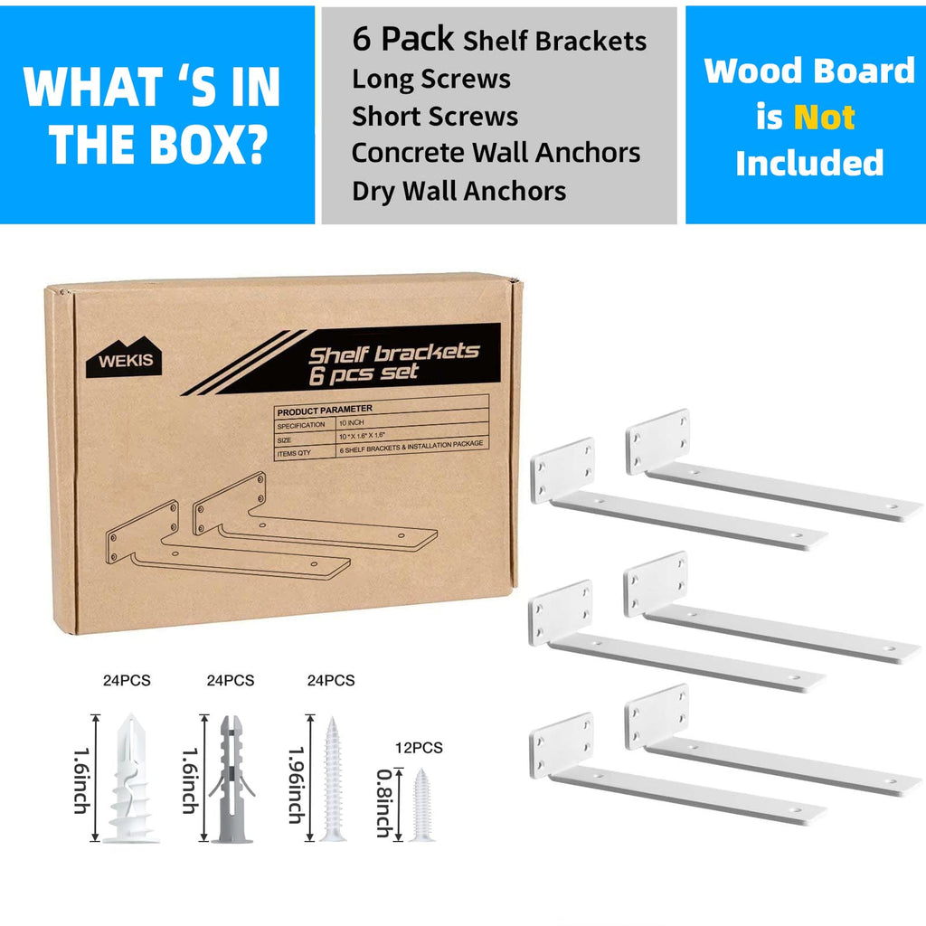 Shelf Brackets, Heavy Duty Floating Shelf Brackets 10-Inch Long, 6-Pack Brackets for Shelves, Matte White L Hidden Metal Wall Shelf Support Shelving Brackets, 1/5-Inch Thick 160 lb. Load Capacity