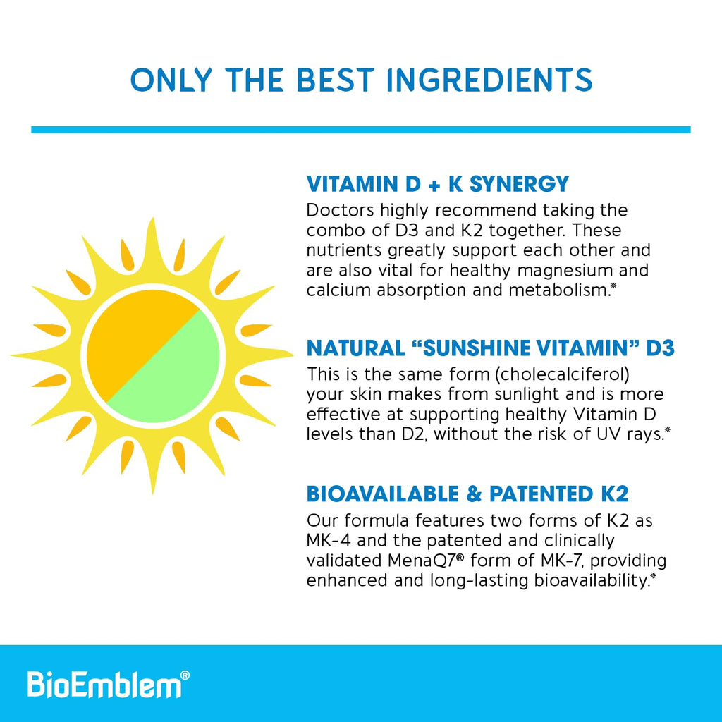 BioEmblem Vitamin D3 K2 Capsules (5000IU and 200mcg) - Patented MK7 and MK4 for 3-in-1 Complex Support - Vegetarian Vitamin D K2 Supplement for Teeth, Heart, Immune System - Non-GMO, 90 Caps