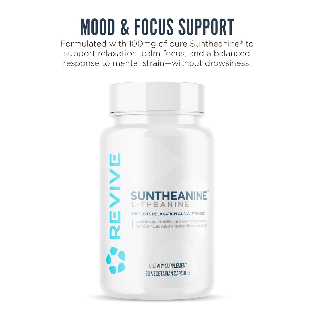 Revive MD Suntheanine L-Theanine Supplement for Men and Women - Supports Fatigue & Brain Function for Calm Mood, Mental Clarity, Focus & Relaxation - Vegan & Gluten-Free (60 Capsules, 60 Servings)