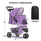 Pet Stroller for Small Dogs 10 lbs, Dog Stroller for Medium Dogs 30 lbs, Cat Strollers for 2 Cats, 3 Wheels Foldable Jogger Puppy Stroller with Storage Basket and Cup Holder, Purple Polka Dots