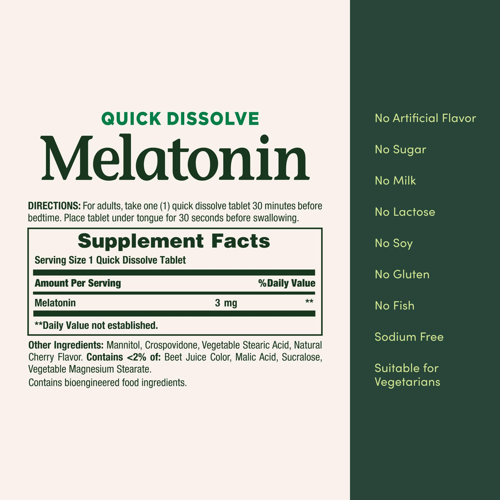 Nature's Bounty Melatonin, Promotes Relaxation & Sleep, 100% Drug Free Sleep Aid, 3 mg, 120 Quick Dissolve Tablets (Pack of 3)