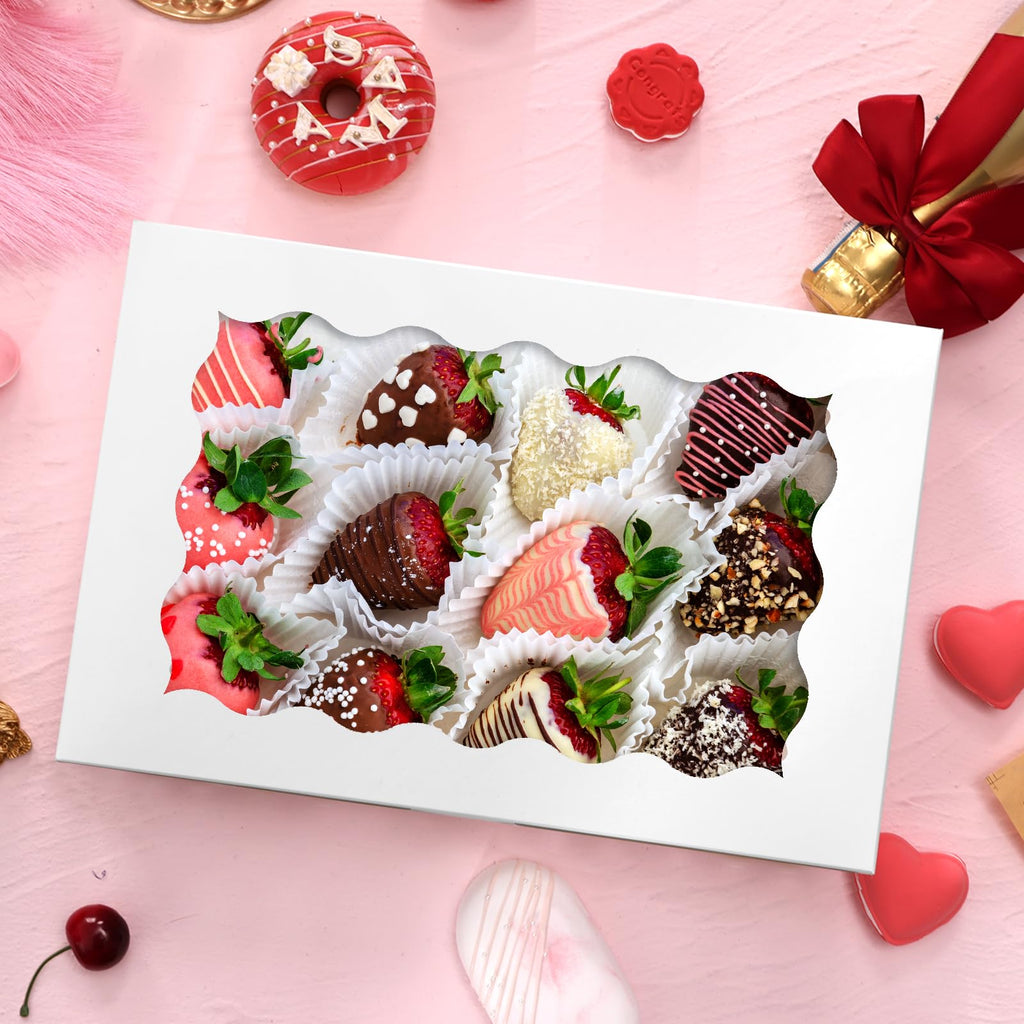 Moretoes 24pcs Bakery Boxes, 12x8x2.5 Inches,Treat Boxes with Window for Chocolate Covered Strawberries, Pastries, Cookies, Desserts, Donuts and Muffins