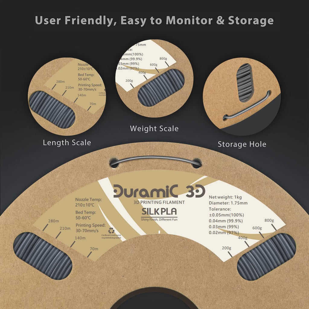 DURAMIC 3D PLA Filament 1.75mm 1kg Spool, Jam-Free High Stifness 3D Printing Filament with Cardboard Spool, No-Tangling No-Clogging Dimensional Accuracy 99% +/- 0.03 mm Silk Silver 1 Pack