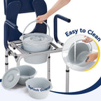 HolyHeal Drop Arm Bedside Commode, Commode Toilet with Padded Seat and Backrest, 300lbs Capacity, 6.3QT Removable Bucket and Splash Guard, Adjustable Height Portable Toilet for Adults, Blue
