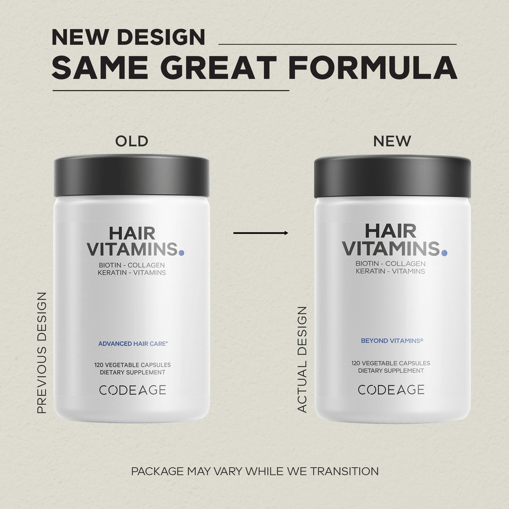 Codeage Hair Vitamins 10000 mcg Biotin, Keratin, Collagen, Vitamin A, B12, C, D3, E, Zinc, Turmeric, Probiotics, Enzymes, Inositol - Hair Care Support - Healthy Hair Supplement Pills - 2 Pack
