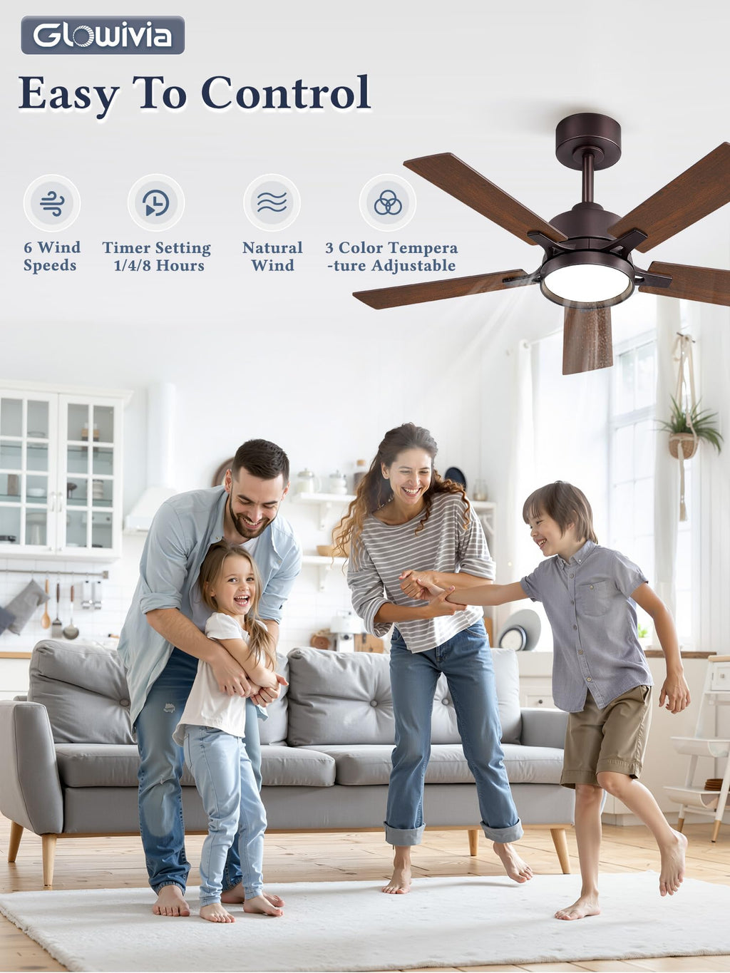 Glowivia 42 Inch Ceiling Fan with Lights and Remote, Smart APP Control, Dimmable with All-Setting Memory, Quiet DC Motor Reversible Blades, Damp Rated Modern Ceiling Fan for Bedroom Patio Living Room