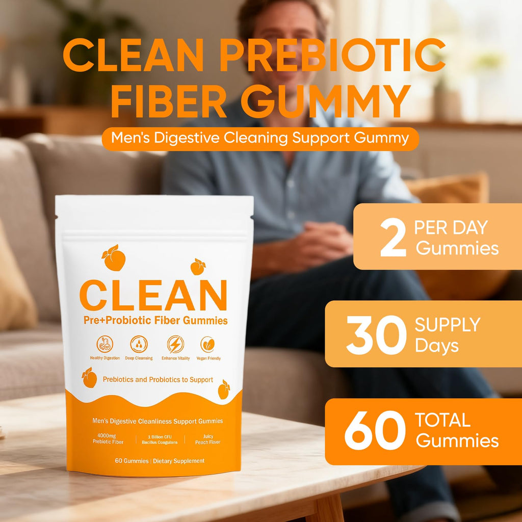 VCFBBG Clean Prebiotic Fiber Gummies for Men, Peach Flavor, Sugar-Free Pre+Probiotic Fiber Gummies, Gut Health & Digestive Support, Men's Prebiotics and Probiotics Gummy, 60 Count