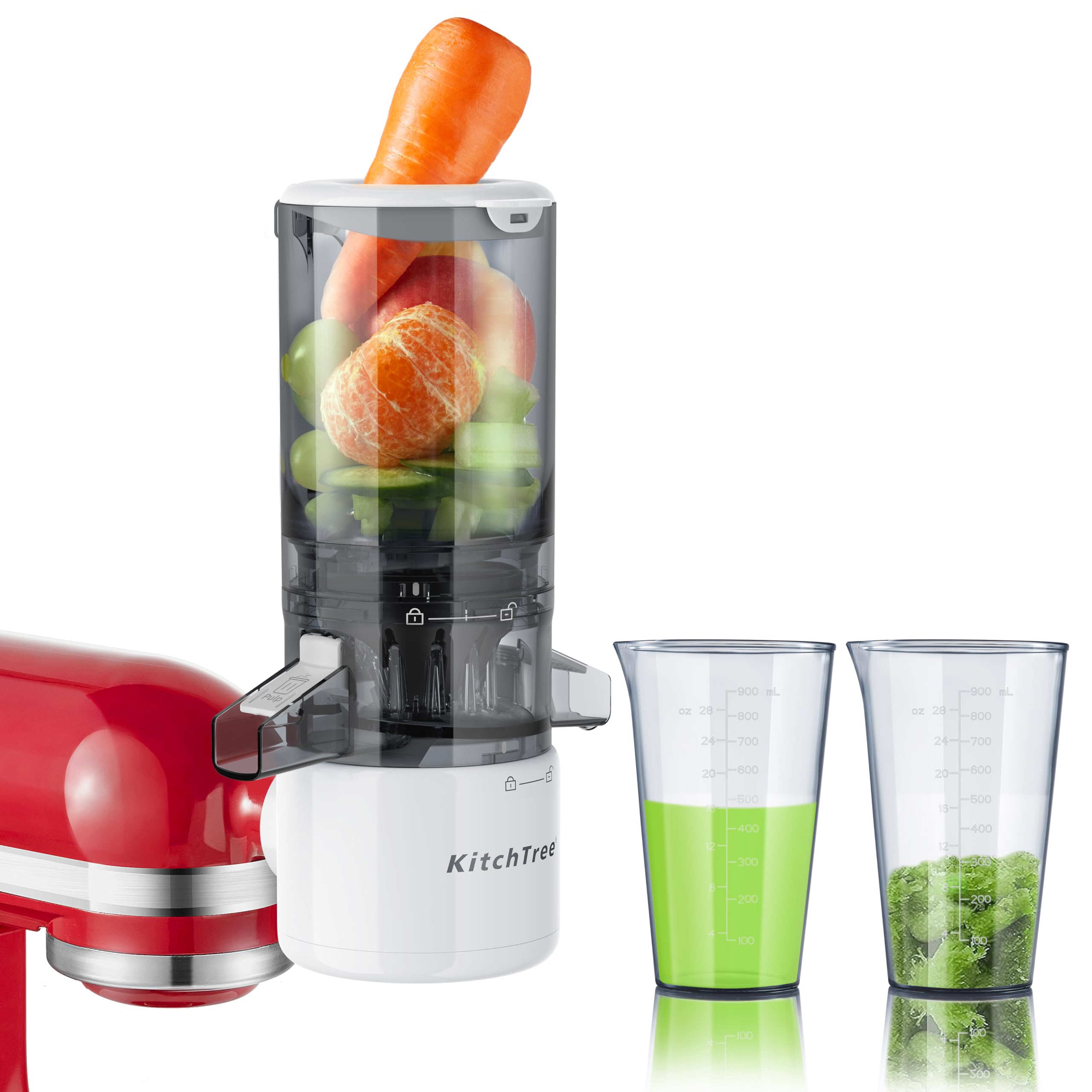 KITCHTREE Masticating Juicer Attachment for KitchenAid Stand Mixer, 4.2" Large Feed Chute Fit Whole Vegetables & Fruits, Slow Cold Press Juicing, Includes 2 * 28oz capacity cups and blade replacement