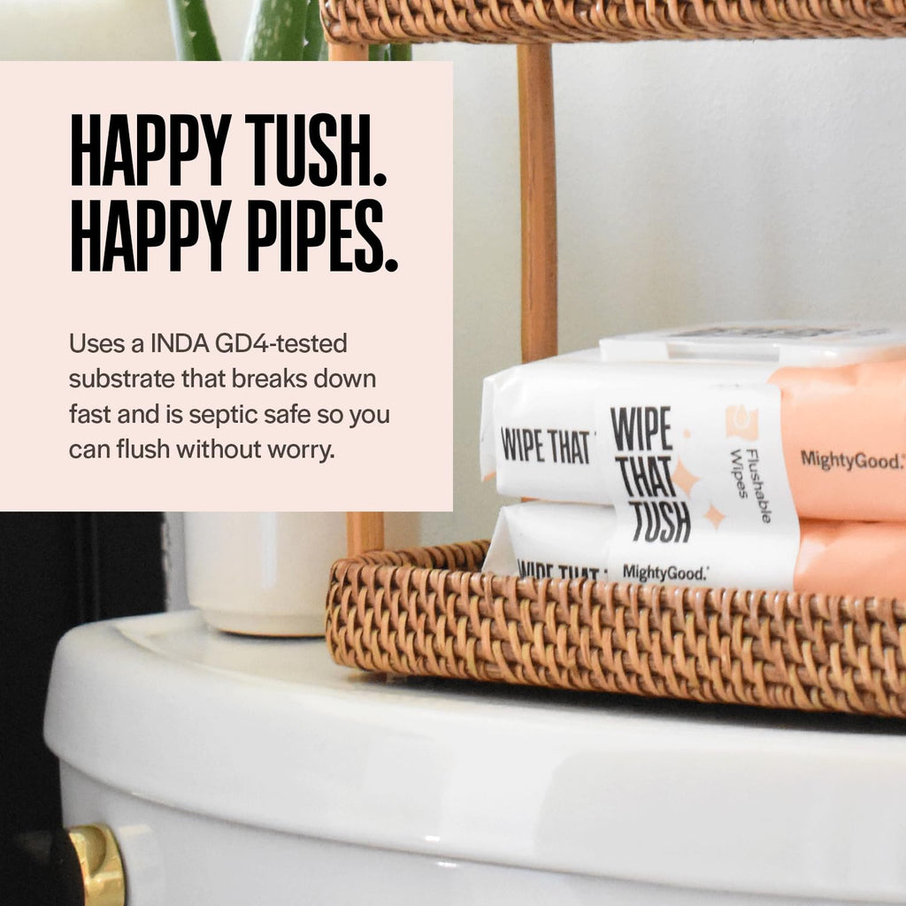 Wipe That Tush Flushable Wipes - 6 Packs of 50, 300 Total - Soothing Oatmeal Scent - Extra Large & Soft - Hypoallergenic With Aloe & Vitamin E - Septic-Safe