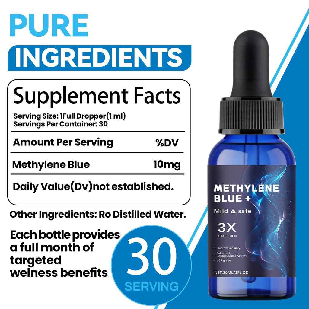 Methylene Blue Pharmaceutical Grade, USP Grade, Third Party Tested Dietary Supplement for Human Brain Health, Gentle and Safe, Improves Memory