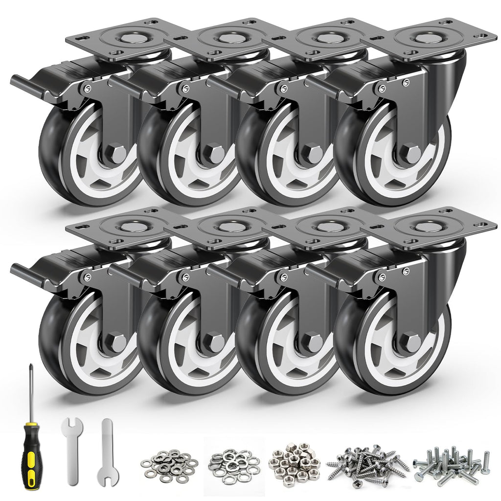 4 inch Heavy Duty Caster Wheels, Set of 8 Swivel Casters with Safety Dual Locking, 2400 lbs Total Capacity, Noiseless Polyurethane Wheels for Workbench, Cart, Industrial (Screws Included)