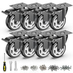 4 inch Heavy Duty Caster Wheels, Set of 8 Swivel Casters with Safety Dual Locking, 2400 lbs Total Capacity, Noiseless Polyurethane Wheels for Workbench, Cart, Industrial (Screws Included)