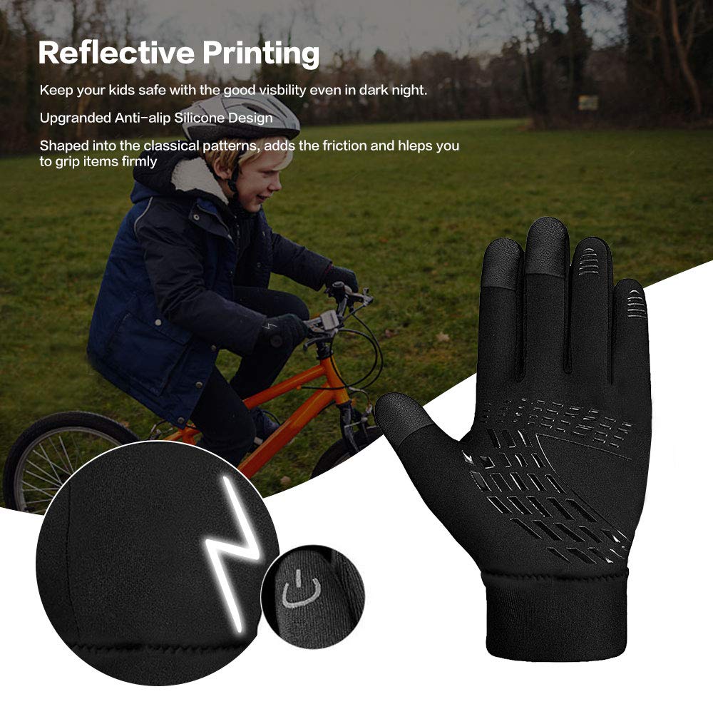YukiniYa Kids Winter Gloves Back Water Repellent Touchscreen Warm Fleece Anti-Slip for Boys Girls Teen 3-15 Years (Black, XL(10-12 Years))