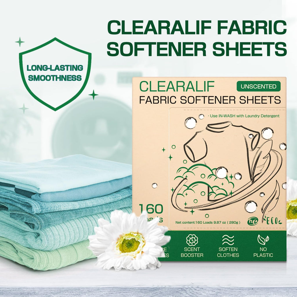 CLEARALIF Liquidless Fabric Softener Sheets, Unscented Scent, 160 Loads