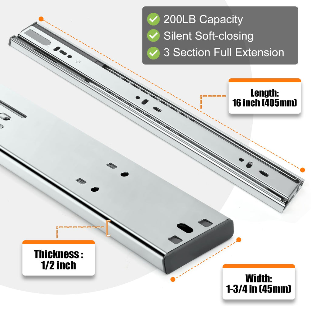 HBL’ 5 Pairs | Soft Close Drawer Slides 16 inch, Heavy Duty Cabinet Drawer Slides Replacement - Ball Bearing Full Extension, 200 LB Capacity, Made of Cold-Rolled Steel, Rust-Resistant & Long-Lasting.