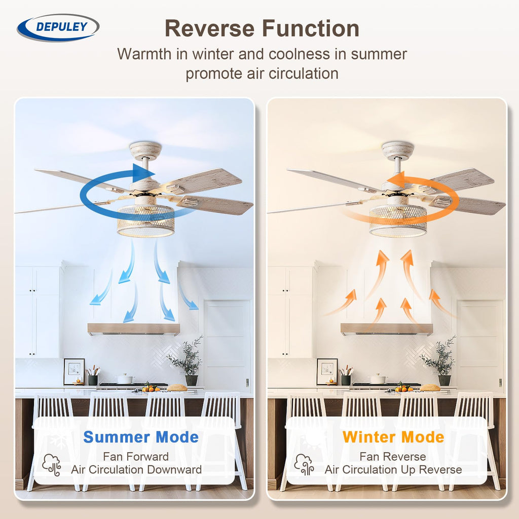 Depuley 52in Ceiling Fans with Lights: 2 Pack White Gold Caged Ceiling Fan with Remote - Farmhouse Ceiling Fan with Dual Finish 5 Blades for Living Room 6 Speeds Timer Reversible E26 Bulbs Included