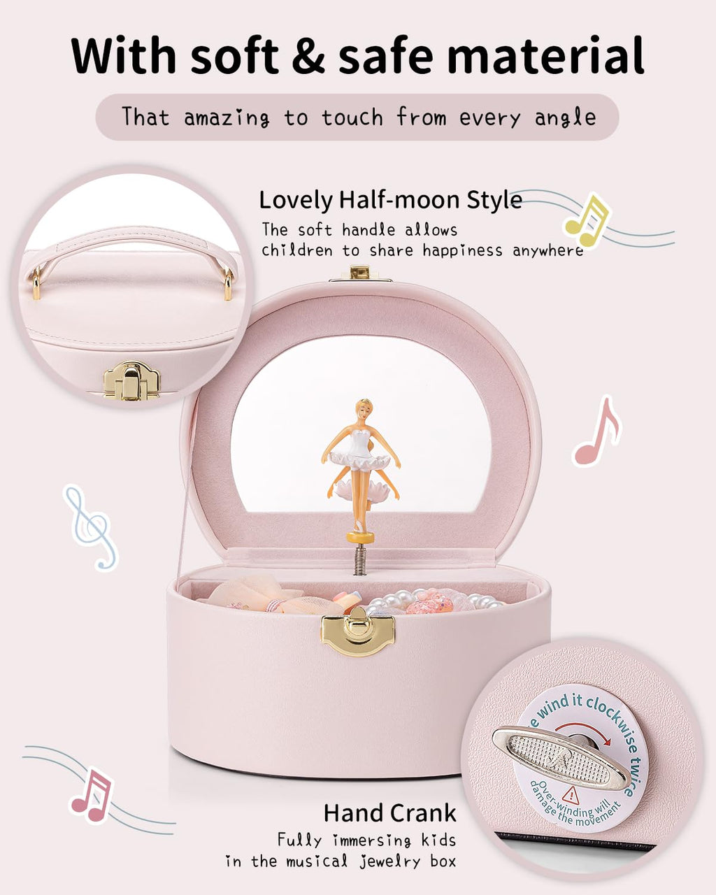 VLANDO Musical Jewelry Box for Girls, Arc Design with Spinning Ballerina Large Compartment for Small Treasures, Plays Canon Melody, Built-In Mirror and Soft Carry Handle, Birthday Christmas Gift
