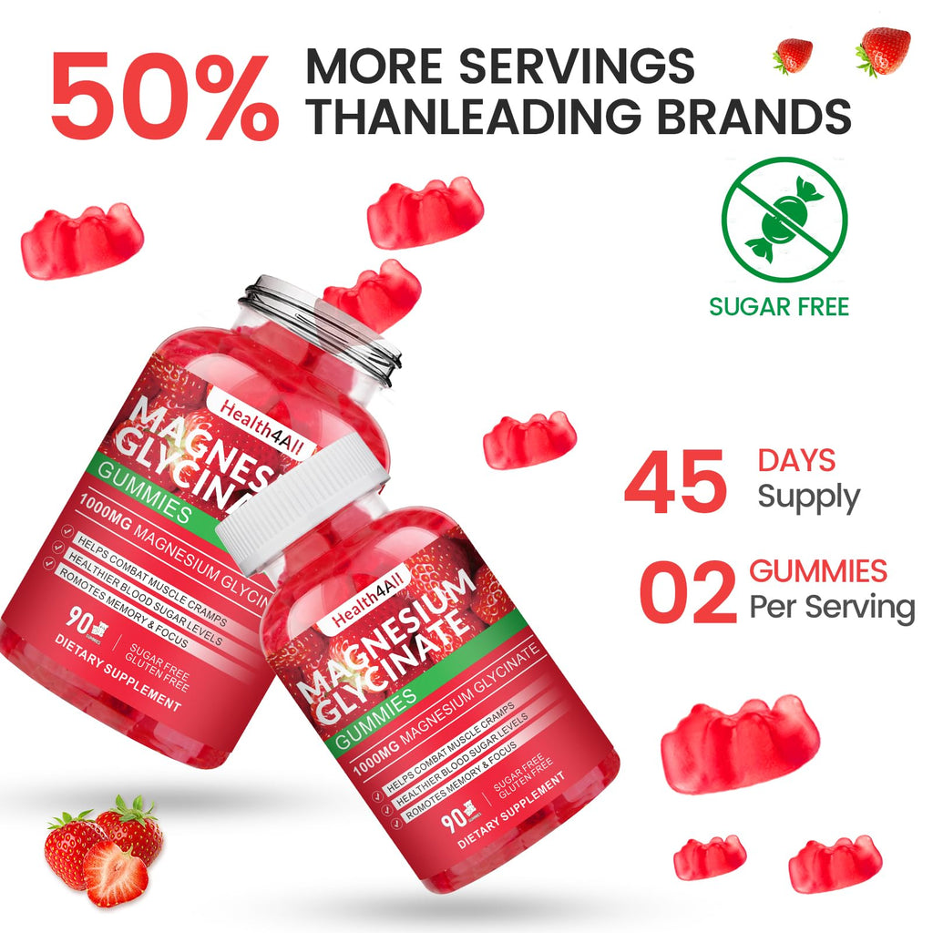 Magnesium Glycinate Gummies 1000mg, High Absorption Sugar Free Magnesium Potassium Supplement for Relaxation, Stress Relief, and Sleep Support for Adults & Kids - 180 Strawberry Gummies