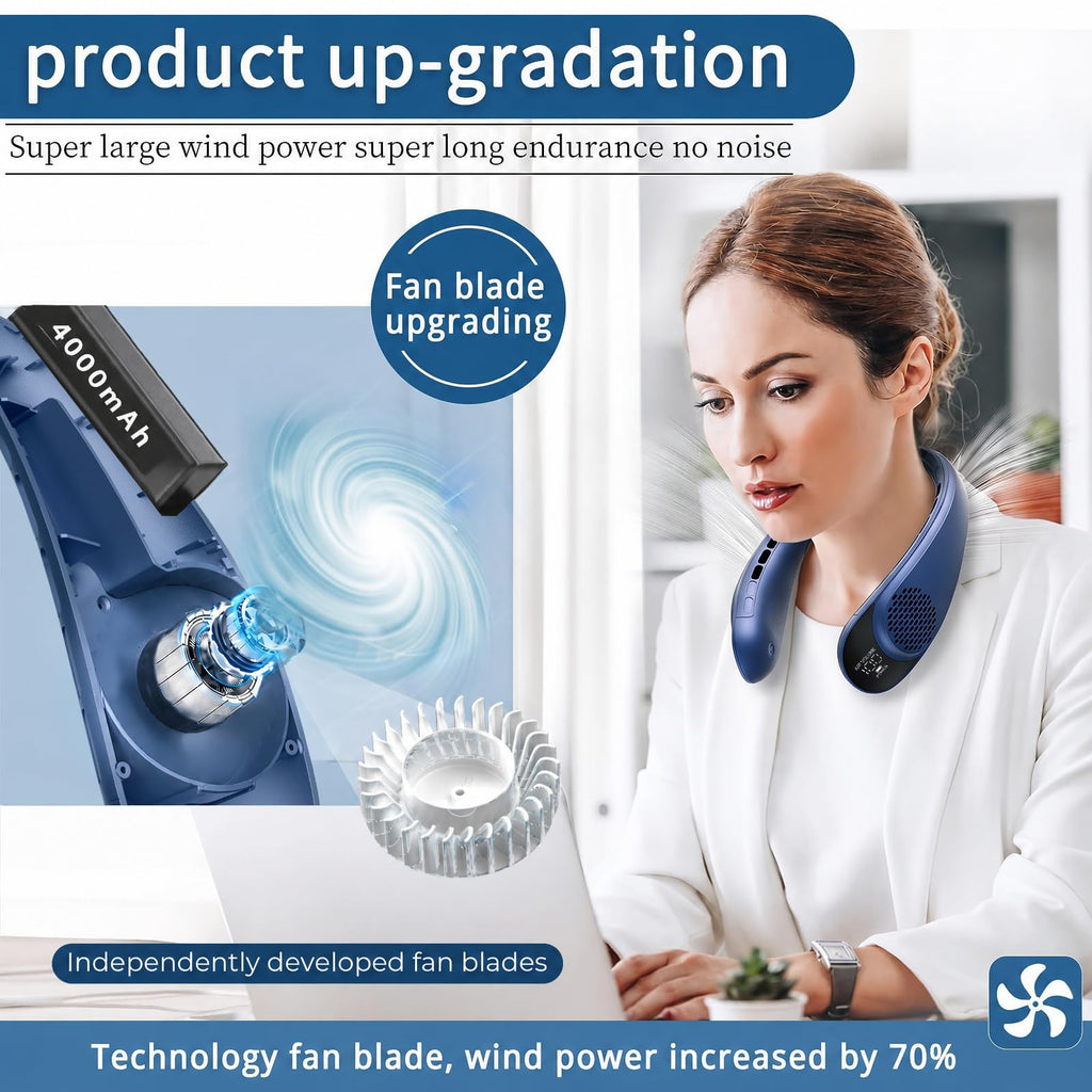 ASNUG Neck Fan, USB Rechargeable Personal Fan, 4000 mAh Battery Operated, 3 Speeds Adjustable, Faster Cooling, Ultra Quiet, Suitable for Home, Office, Travel, Sports