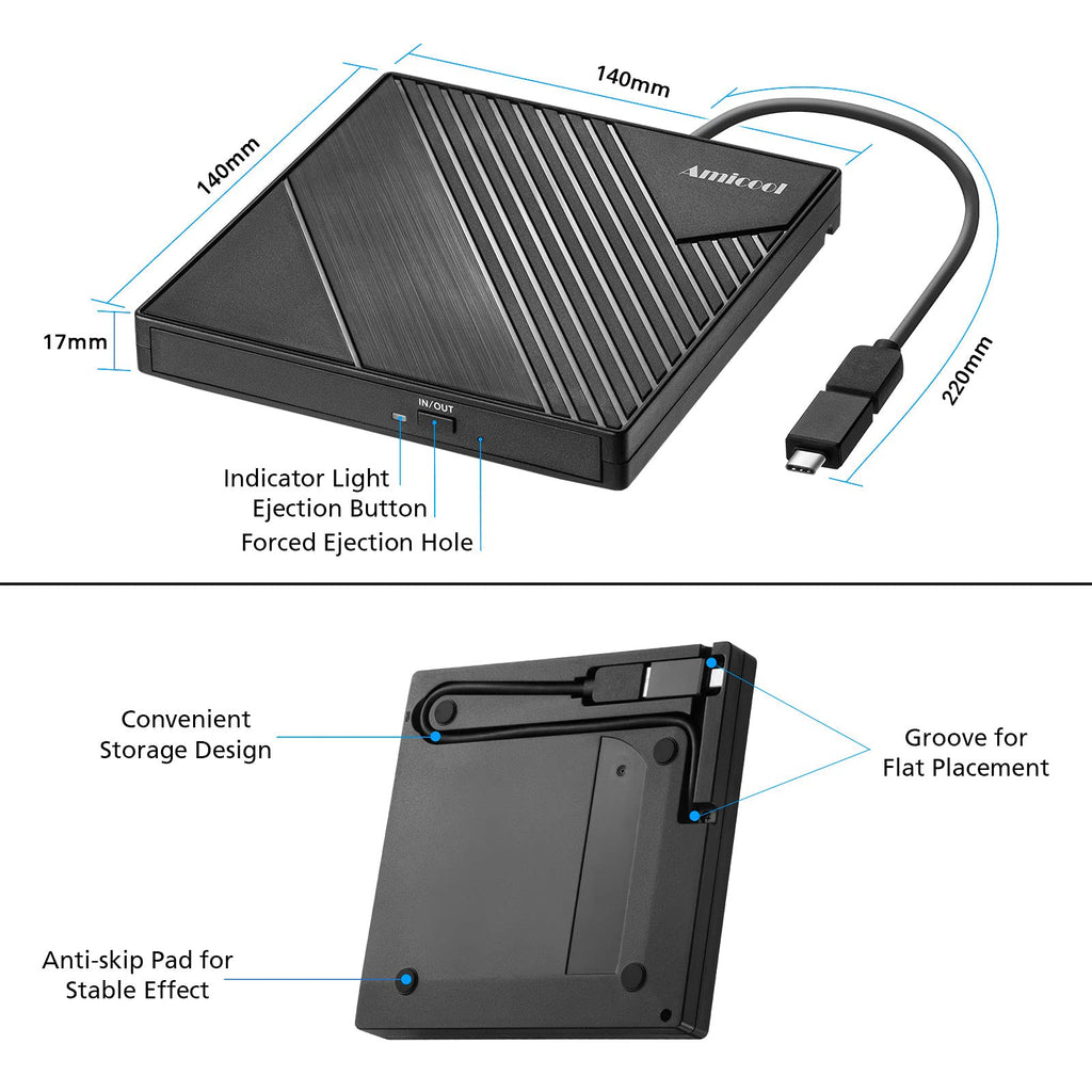 Amicool External DVD Drive USB 3.0 USB C CD Burner CD/DVD +/-RW Optical Drive, Slim Portable DVD Player CD ROM Rewriter Writer Reader for Laptop Desktop PC Windows 11/10/8/7 MacBook Mac Linux OS Apple