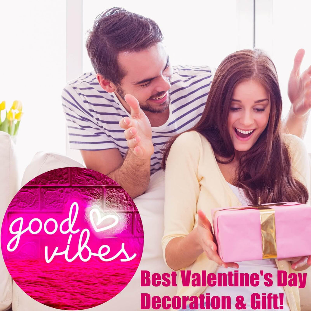 HOHOSIGN Good Vibes Neon Sign for Wall Decor Neon Lights Sign, 16"x8" Heart and Good Vibes LED Signs for Bedroom Wall, USB Operated Pink Goodvibes LED Neon Lights Signs for Game Room Christmas Decor