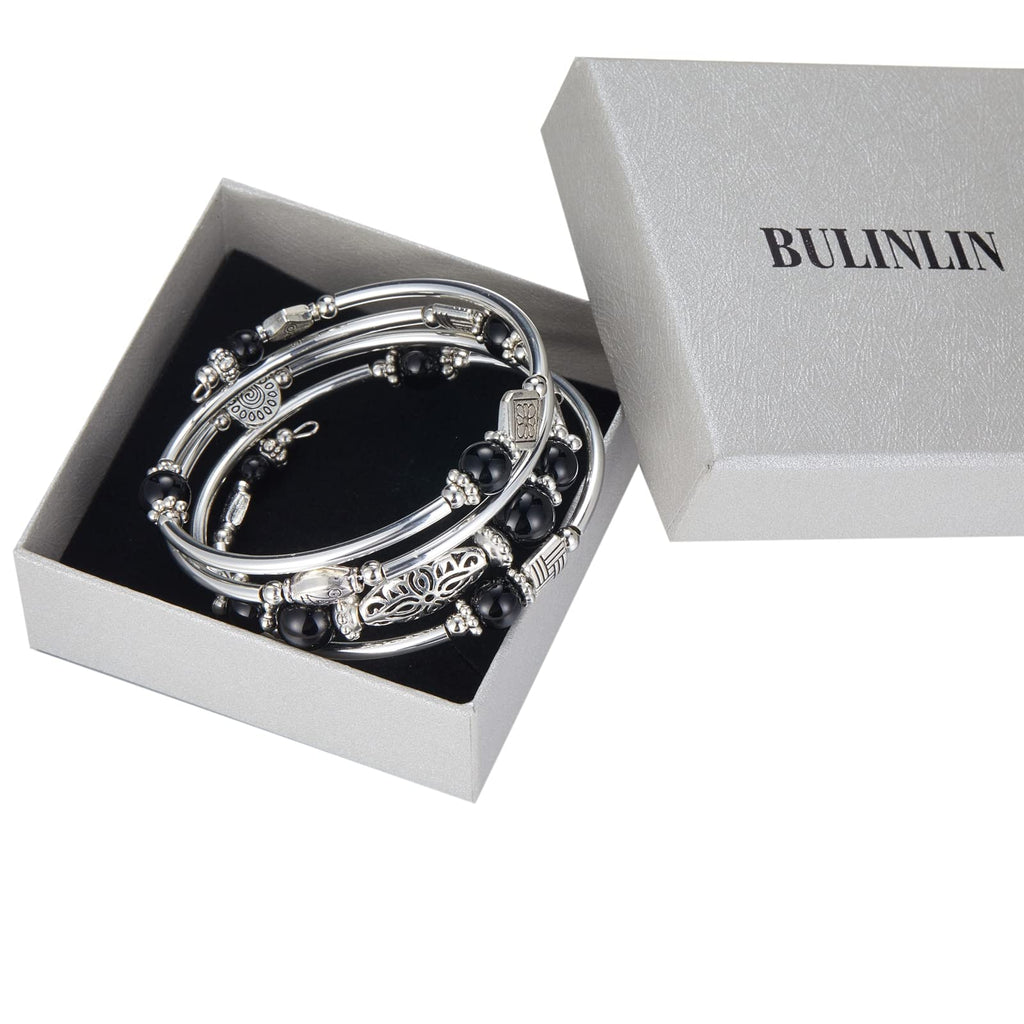 BULINLIN Layered Wrap Bangle Turquoise Bracelet - Bead Bracelet with Natural Agate Stone, Gifts For Women (03-Black)