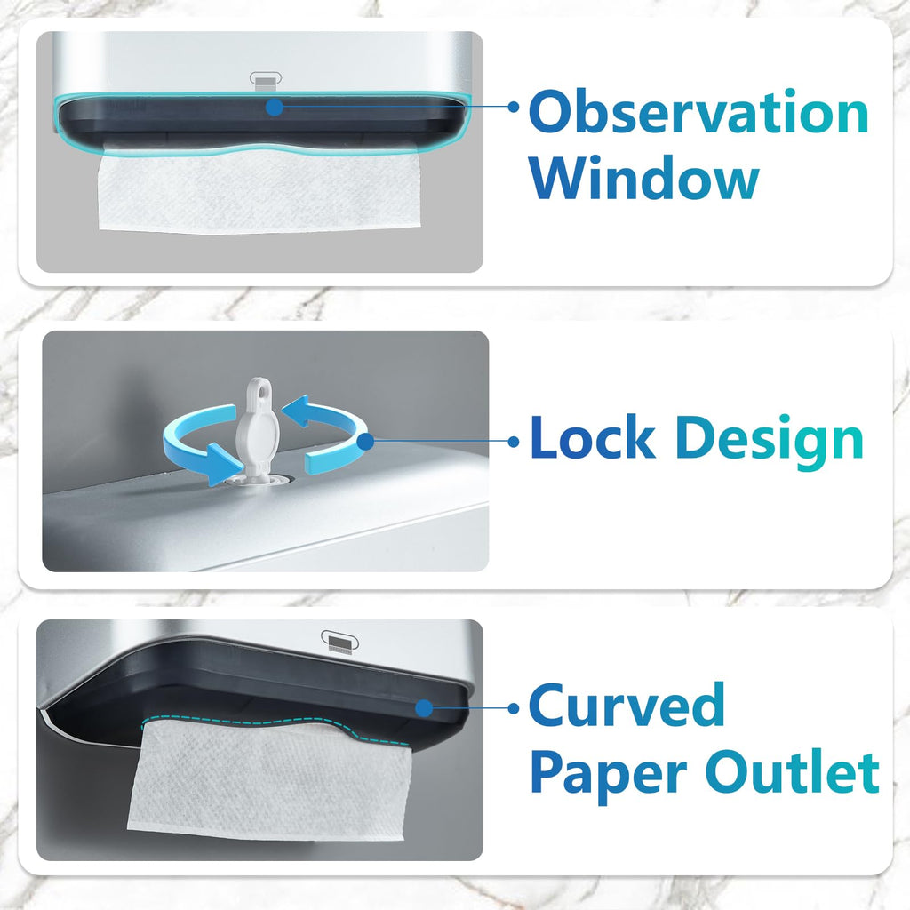 Trifold Hand Towel Dispenser for Bathroom - C Fold Paper Towel Dispenser Wall Mount with No-Hole Adhesive Installation, Compact 200 Sheets Large Capacity for Home, Apartment & RV
