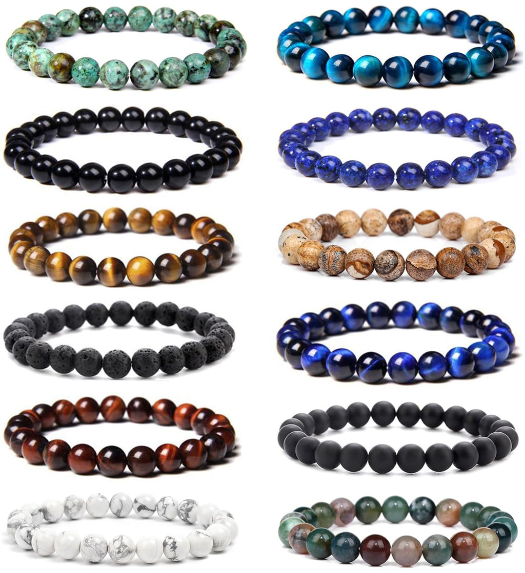 FIRAZIO 12Pcs 8mm Gemstones Beaded Stretch Bracelet for Women