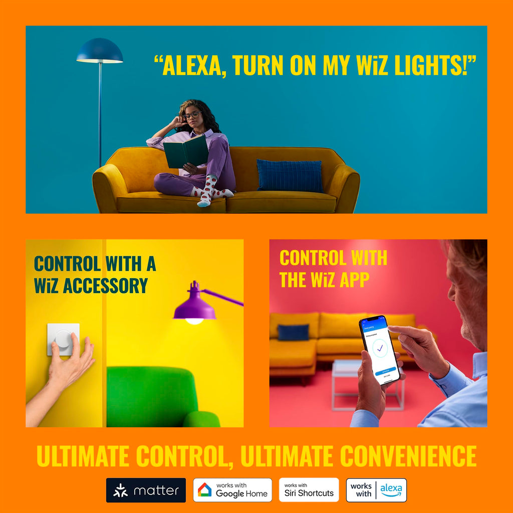 WiZ Connected Smart Light Bulbs, 4-Pack, Full Color A19 60W 800LM E26 LED Lights, Sunset/Sunrise Automation, Smart Bulbs with Motion Detection, Control with Voice or App