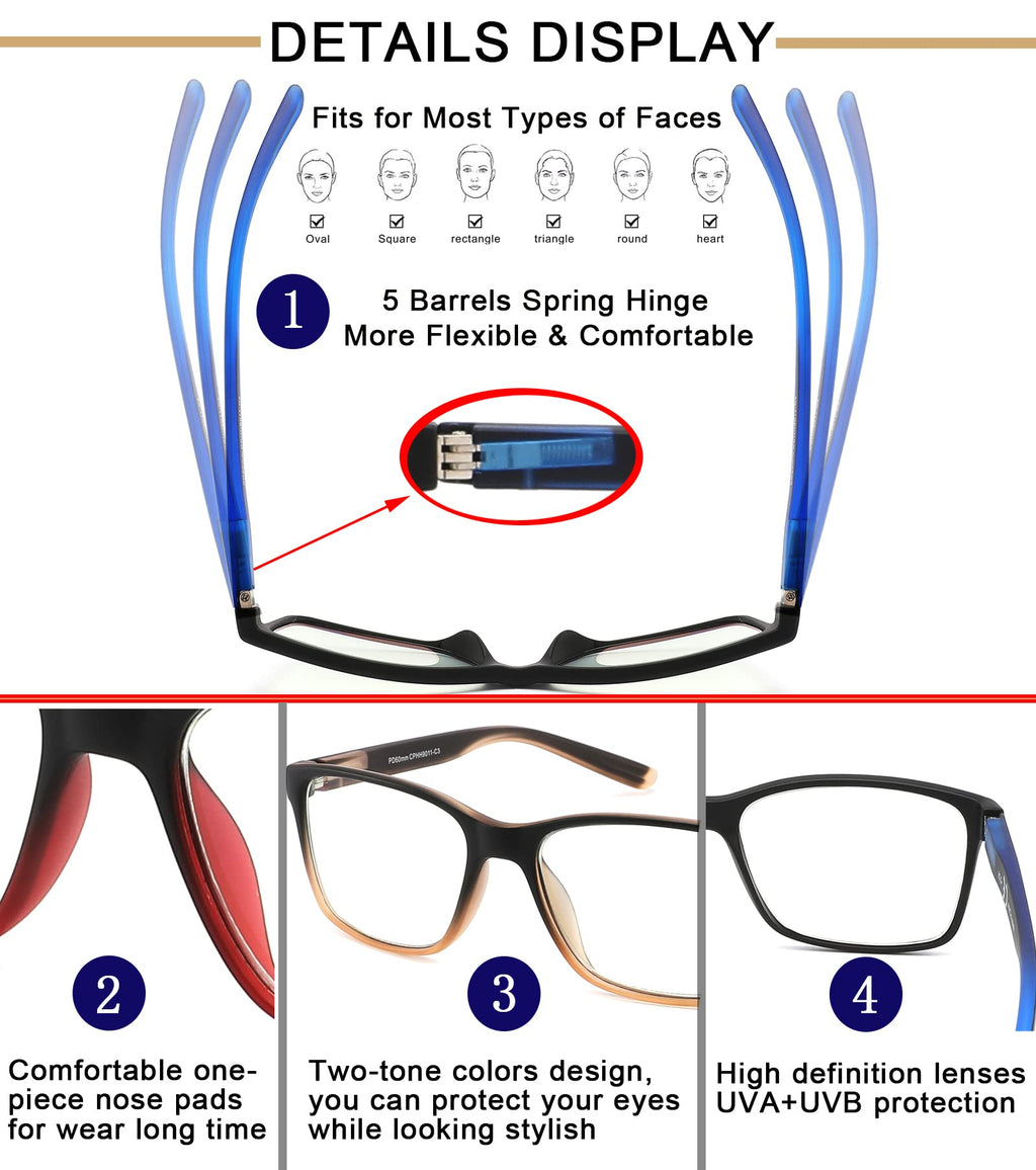 Reading Glasses for Men 4-Pack Stylish Computer Readers with Spring Hinges, Anti Glare/Eye Strain Filter UV Ray Blue Light Blocking Two-Tone Reader Eyeglasses,+1.0 Magnification Strength