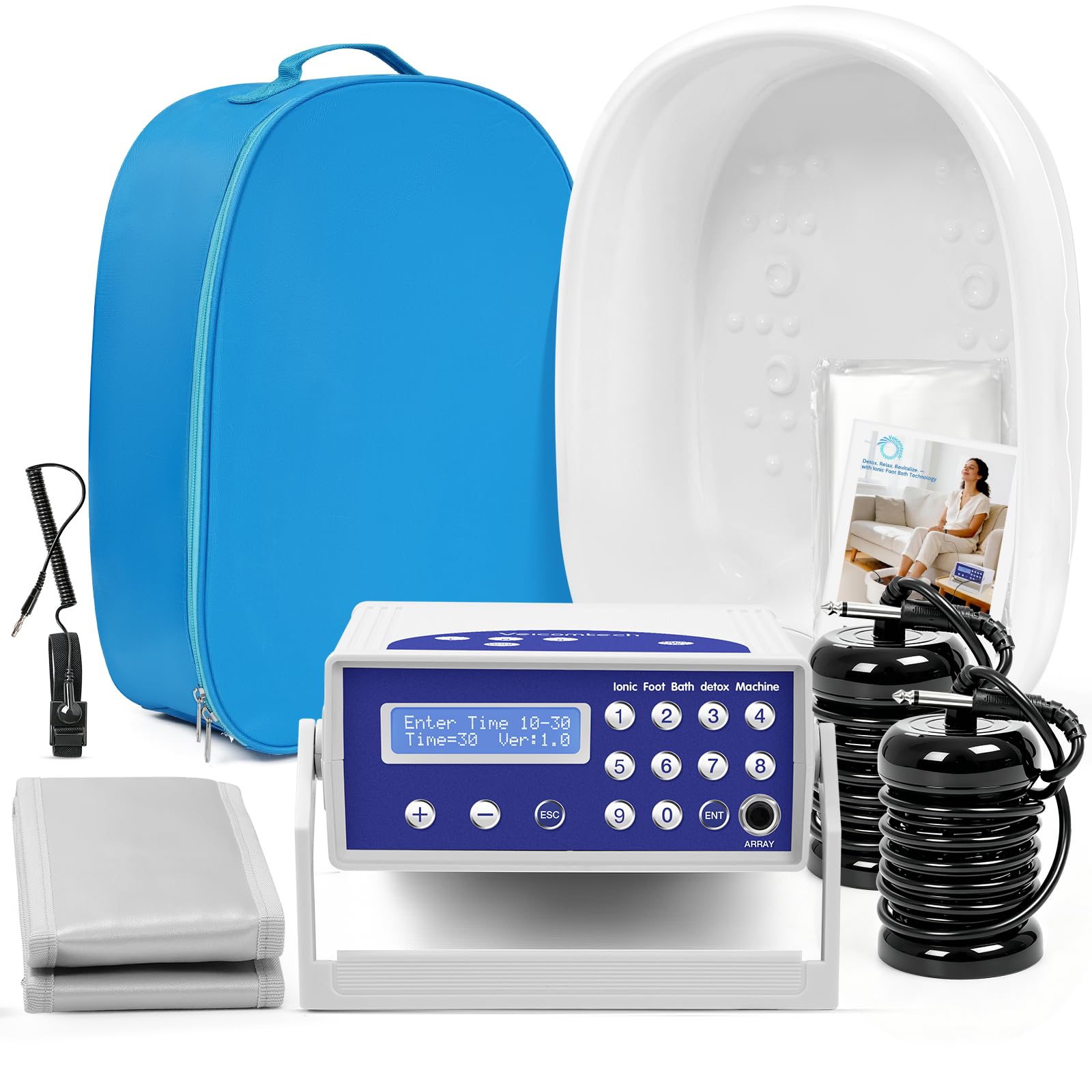 Ionic Detox Foot Bath - Foot Spa, Ionic Foot Bath Detox Machine Chi Cleanse with Tub, Wrist Strap, Far Infrared Waistbelt, 2 Arrays, Blue Bag