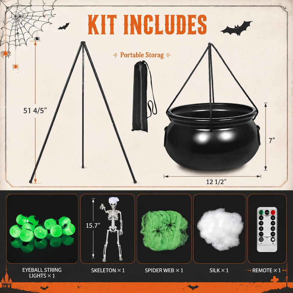 AYGXU Halloween Decorations Outdoor Indoor,Large Witches Cauldron on 52" Tripod with String Lights, Skeleton and Eyeballs,Hocus Pocus Decor,Witches Cauldron for Yard Patio Garden Lawn Decorations.