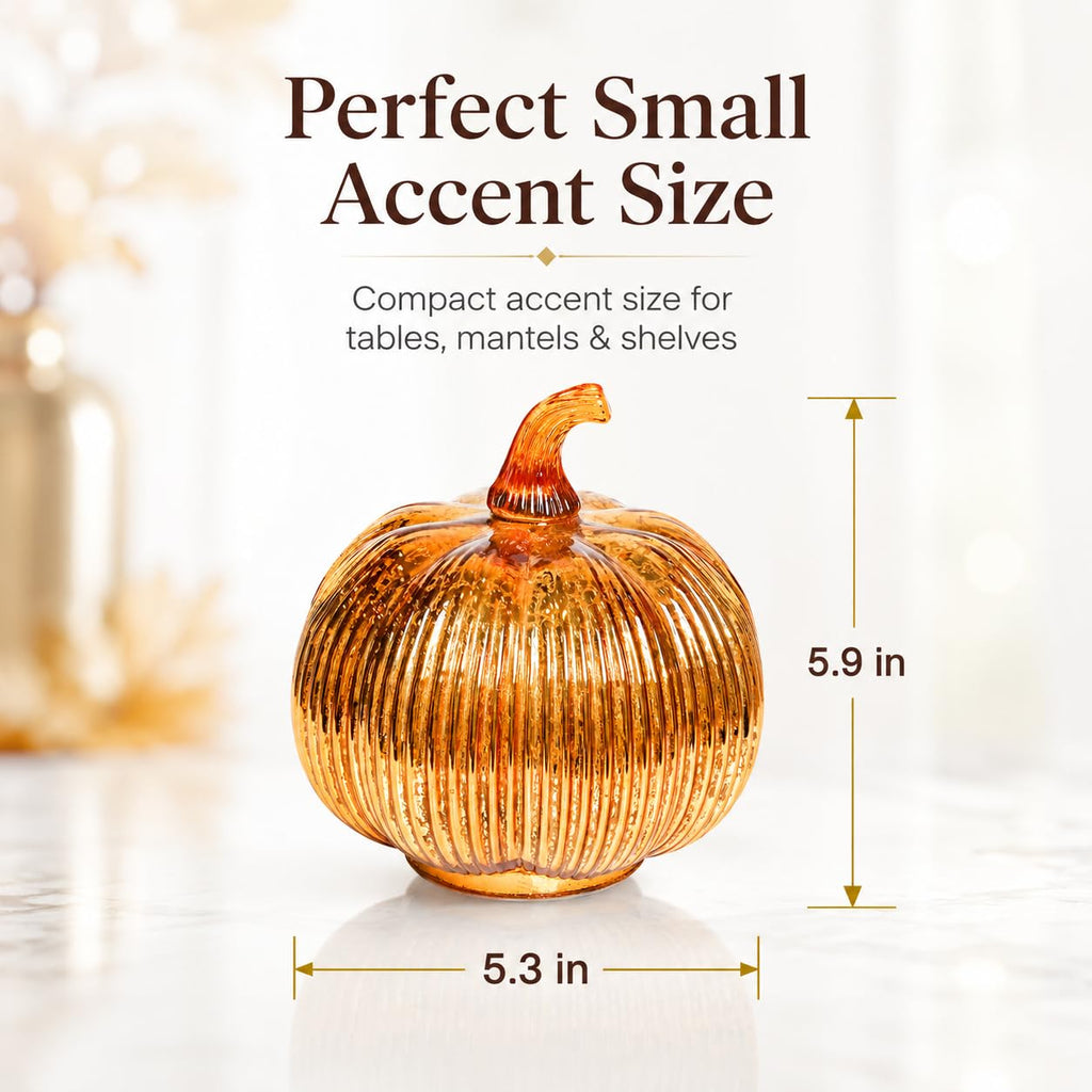 Gold Mercury Glass Pumpkin Light with 2 Lighting Modes and 6-Hour Timer, 5.5 x 6 Inch Battery Operated Fall Decor for Thanksgiving and Christmas Table Centerpiece
