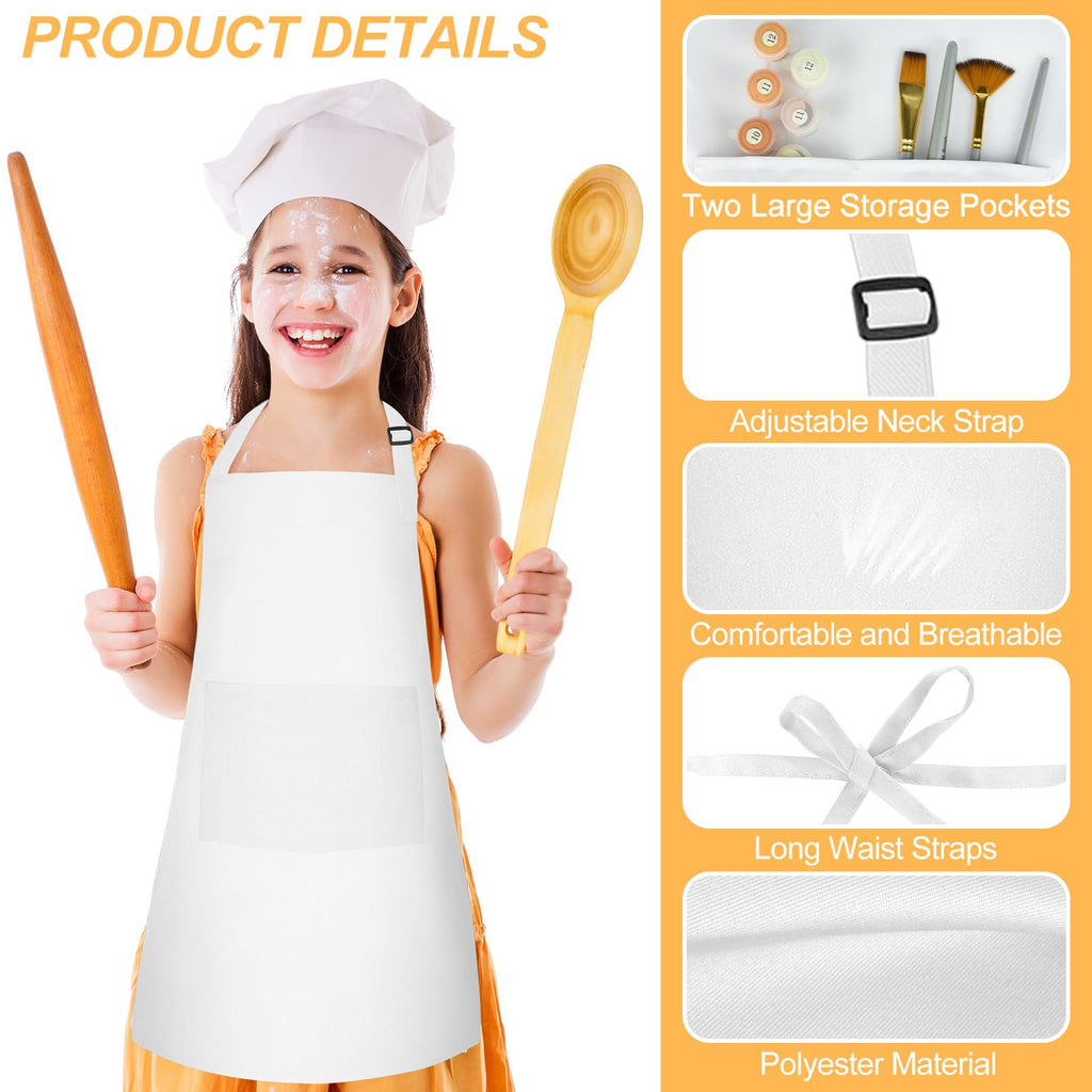 Morcheiong 8 Pack Adjustable Kids Apron Bulk with 2 Pockets Toddler Apron Kids Painting Aprons for Cooking Baking Painting Boys Girls (White)