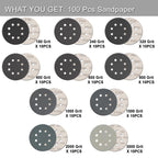 100 Pcs 5 Inch Sanding Discs Hook & Loop 8 Holes Wet Dry Sandpaper 180 240 320 400 600 800 1000 1500 2000 3000 Assortment Grits Silicon Carbide Orbital Sander Sand Paper for Wood Automotive Metal