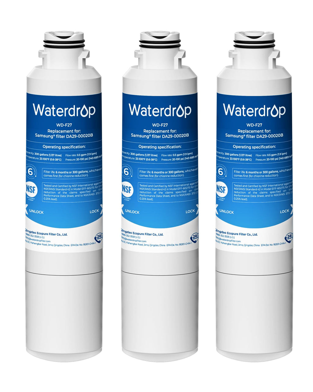 Waterdrop WD-F27 Replacement for Samsung® Refrigerator Water Filter HAF-CIN/EXP, DA29-00020B, HAF-CIN, RF28HMEDBSR, RF263BEAESR, RS25J500DSR, RF263TEAESG, HDX FMS-2, DA97-08006A-1, 3 Pack