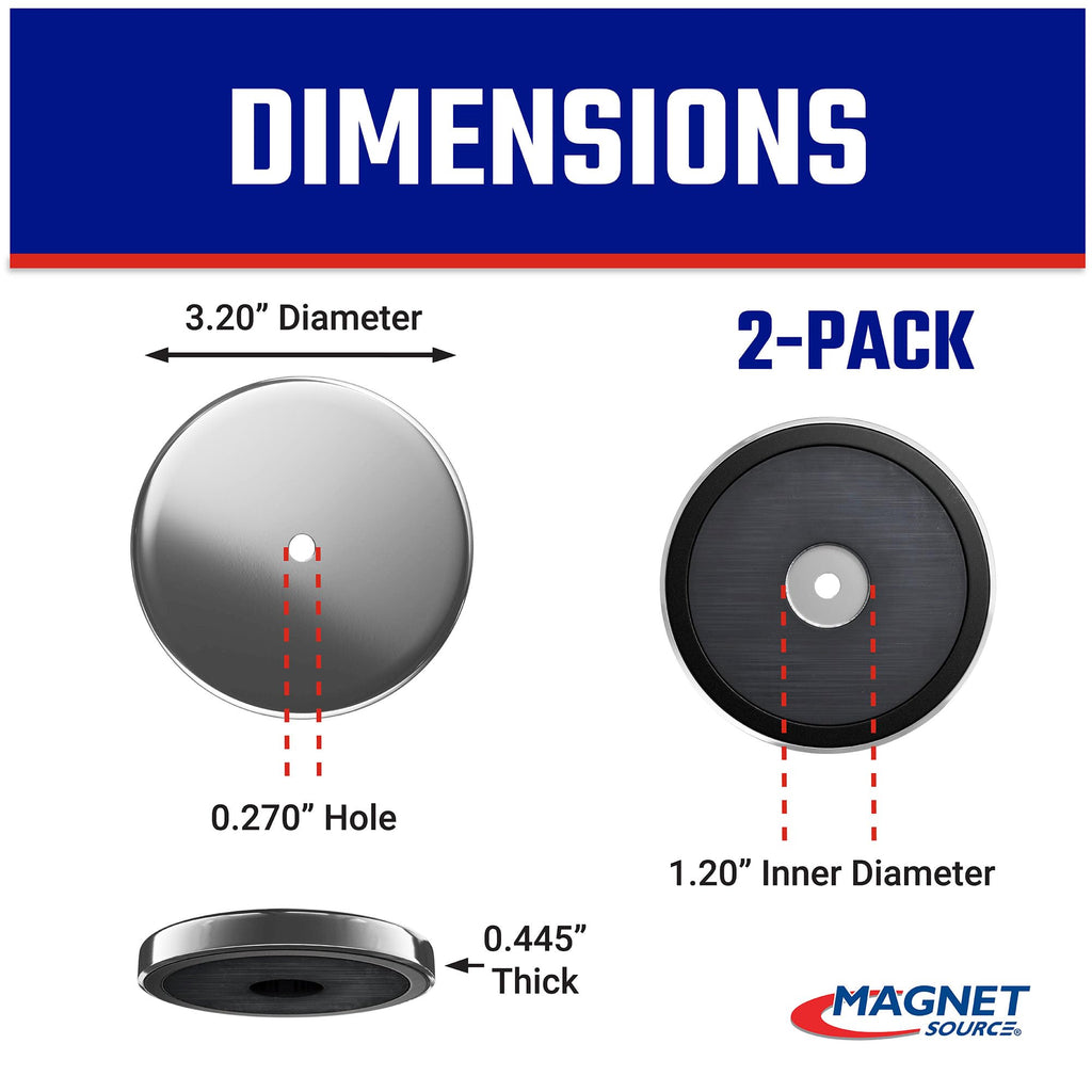 Master Magnetics Ceramic Round Base Magnet Fastener Pack - Heavy-Duty Strong Magnets - 95 lb Pull Each - Nickel-Plated - 3.20'' Diameter - 0.270'' Hole - 0.445'' Thick - 2-Pack