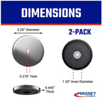 Master Magnetics Ceramic Round Base Magnet Fastener Pack - Heavy-Duty Strong Magnets - 95 lb Pull Each - Nickel-Plated - 3.20'' Diameter - 0.270'' Hole - 0.445'' Thick - 2-Pack