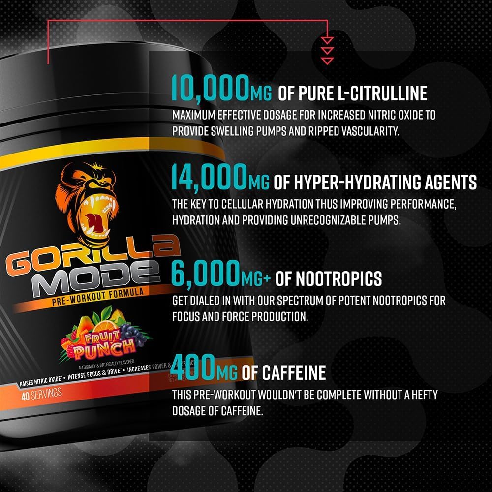 Gorilla Mode Pre Workout - Massive Pumps Laser Focus Energy Power - L-Citrulline, Creatine, L-Tyrosine, Betaine, Hydroprime, Alpha-GPC, 400mg Caffeine, Huperzine A - 792g (Blue Raspberry)