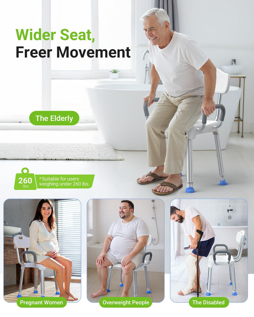 Widened Shower Chair for Inside Shower with Back & Arms,400 lbs Heavy Duty & Adjustable Shower Chair for Elderly and Disabled, Non-Slip Shower Seat, Tub Bath Chair, Tool-Free