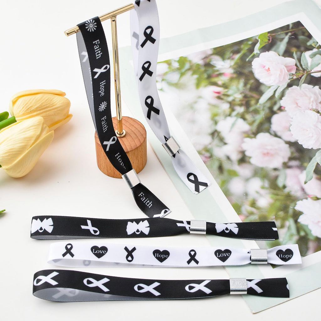 WANDIC Black Ribbon Bracelets, 30 Pcs 5 Styles Classic Melanoma Awareness Wristbands Adjustable Polyester Wrist Bands for Mourning Remembrance Day, 6.89 * 0.59in, Polyester, no Gemstone