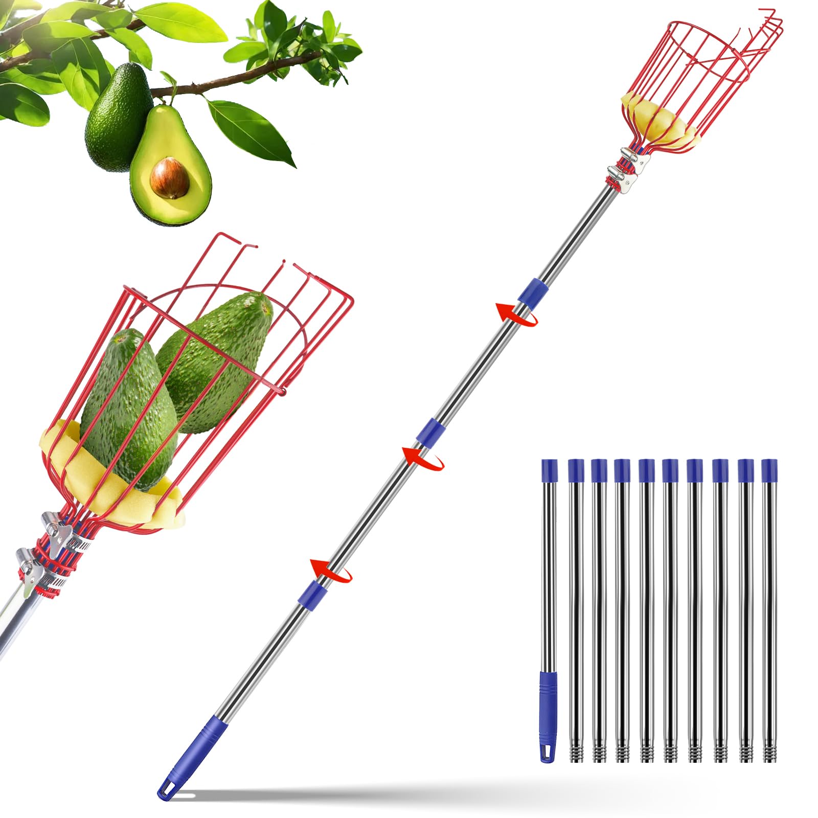 Qiullen 13 FT Extendable Fruit Picker Pole Tool Adjustable Long Handle Fruit Picker Metal Basket Fruit Grabber Tool with Protective Foam Pad Stainless Steel Garden Picker Tool for Apple Mango Lemon