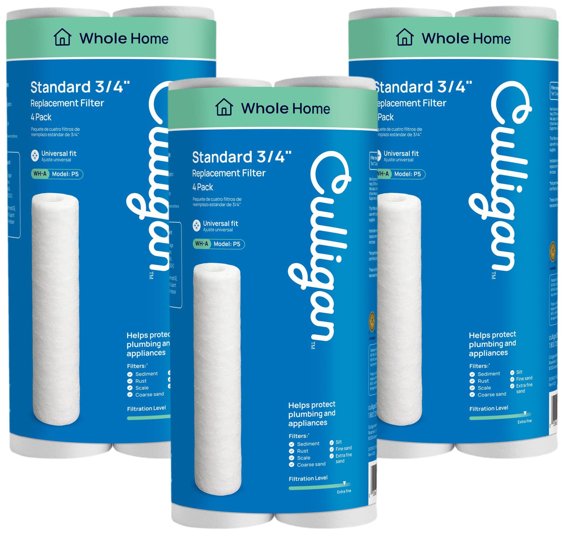 Culligan P5 Whole House Water Filter - Premium Water Filter Reduces Sediment, Dirt & Scale Particles for Clean Drinking-Water - 8,000 Gallons, White, Value 4-Count, (Pack of 3)