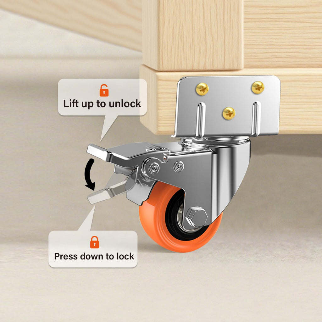 ASHGOOB 2inch L-Shaped Caster Wheels, Side Mount Casters Set of 16, Heavy Duty Casters with Brake, Double Bearing Locking Polyurethane(PU) Wheels for Baby Beds/Cabinets/Furniture（16 Pack