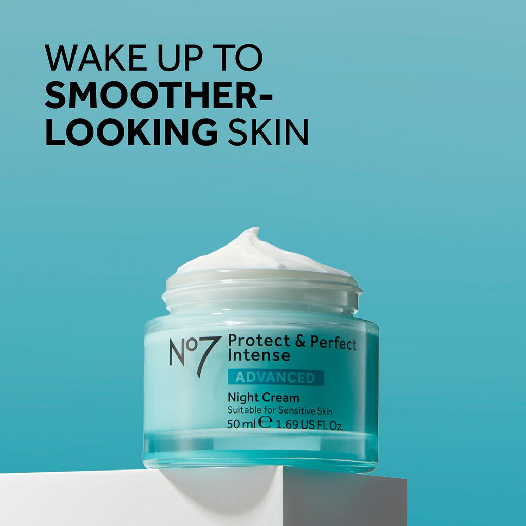 No7 Protect & Perfect Intense Advanced Night Cream Fragrance Free - Vitamin E & Shea Butter Face Cream - Fine Line Reducing Moisturizer with Collagen Peptide Technology (1.69 fl oz)