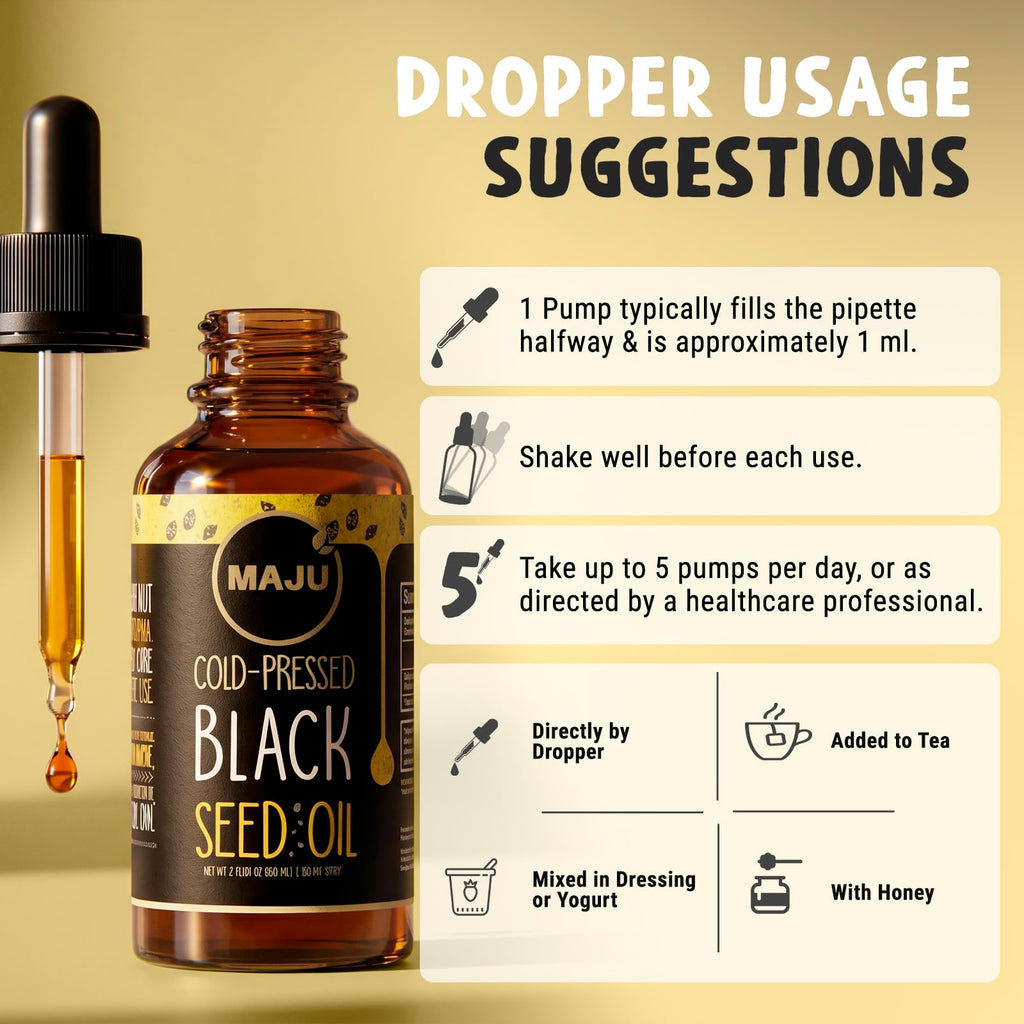 Maju Superfoods Black Seed Oil - 3 Times TQ, Cold-Pressed, Travel Size, 100% Turkish Black Cumin Seed Oil, Liquid Pure Blackseed, Glass Bottle, 2 Oz